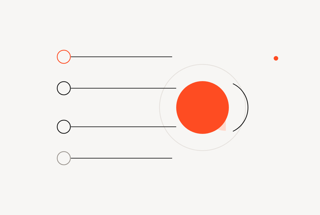 Four separate lines running from outlined circles into one solid mass, several voices reaching a single decision