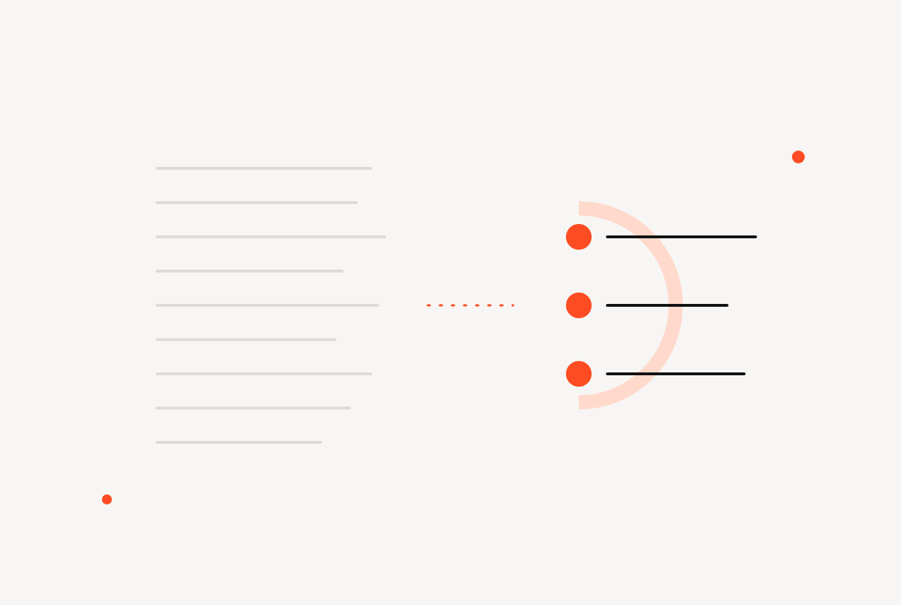 Nine faint lines on the left, the document, and three short solid lines each with an orange dot on the right, the plan with owners